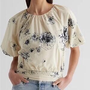 Express Floral Gathered Neck Puff Sleeve Banded HemTop, CottageCore, Office, L